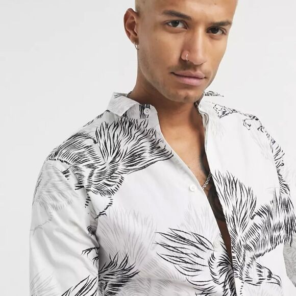 Twisted tailor mens button up 4x skinny collared shirt crows in white NWT - Picture 3 of 10